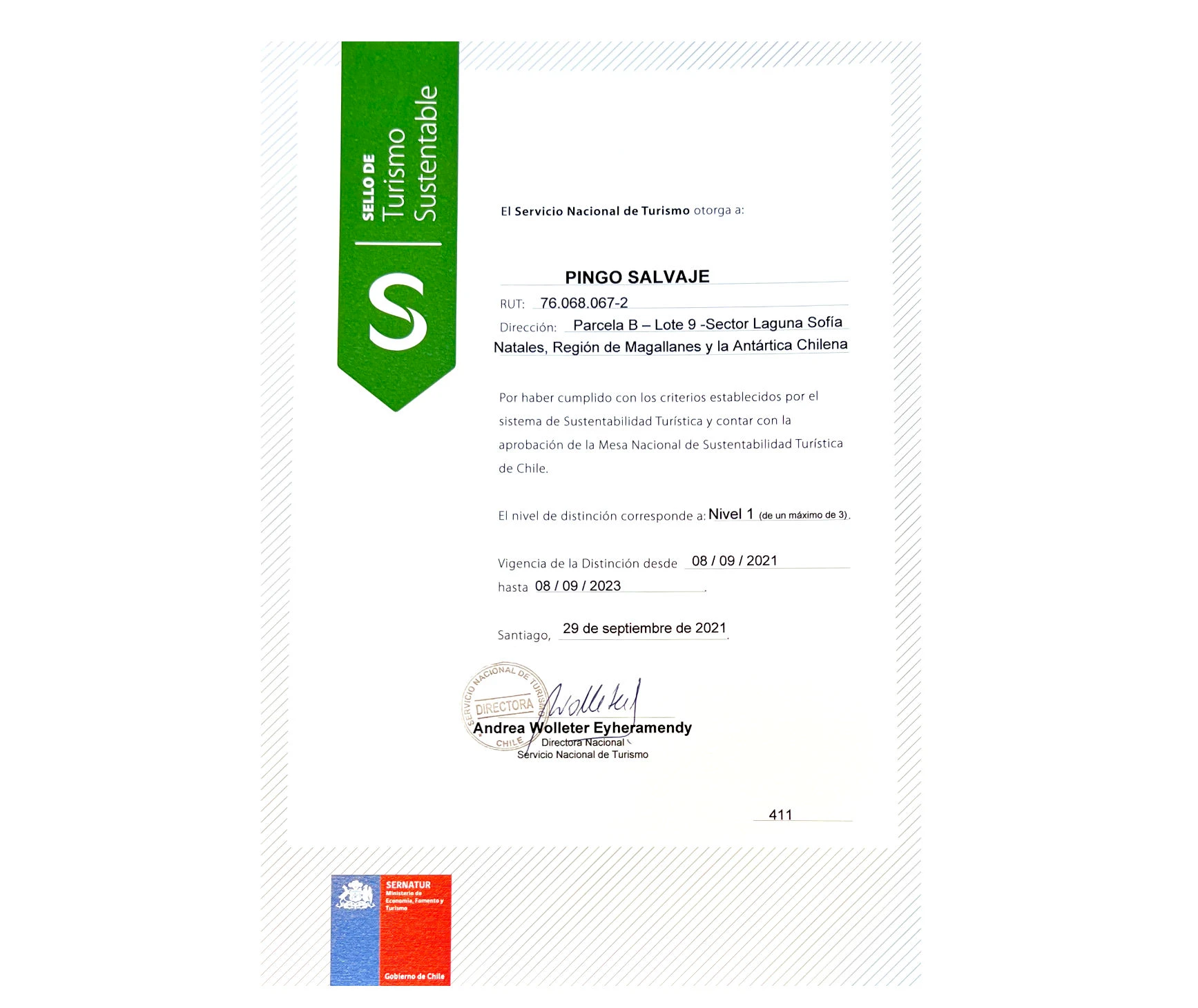 Certificate of Sustainable Tourism Seal by Sernatur